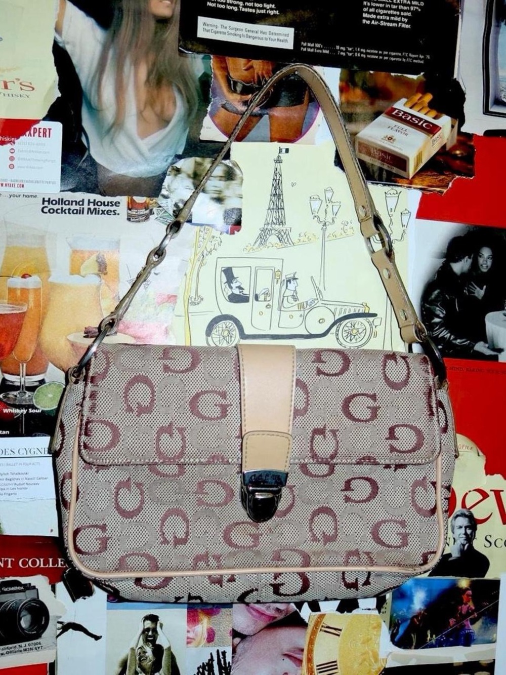 Guess Beige Monogram Shoulder Bag with Tan Trim